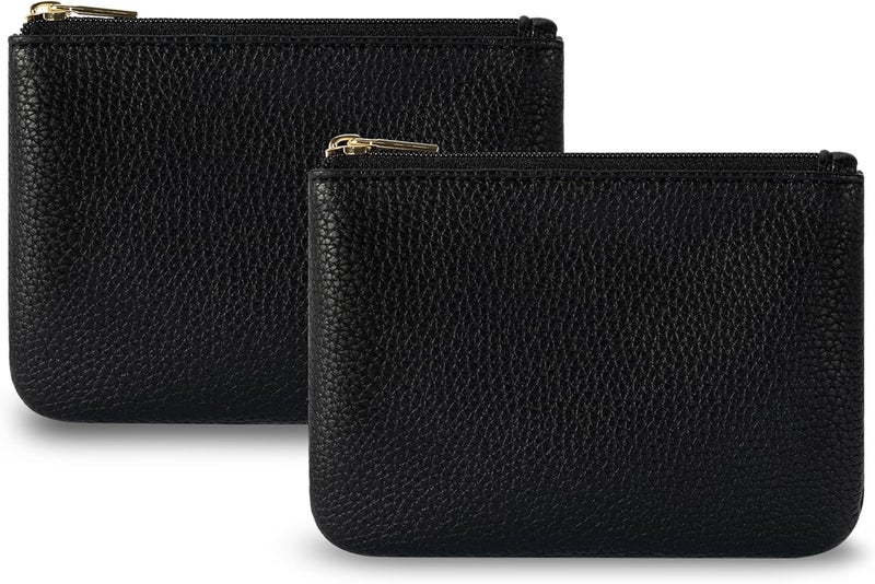 Chelmon PU Leather Coin Purse Pouch Change Holder Small With Zipper for Men Women 2 PCS Set (Black&Black) - Image 1